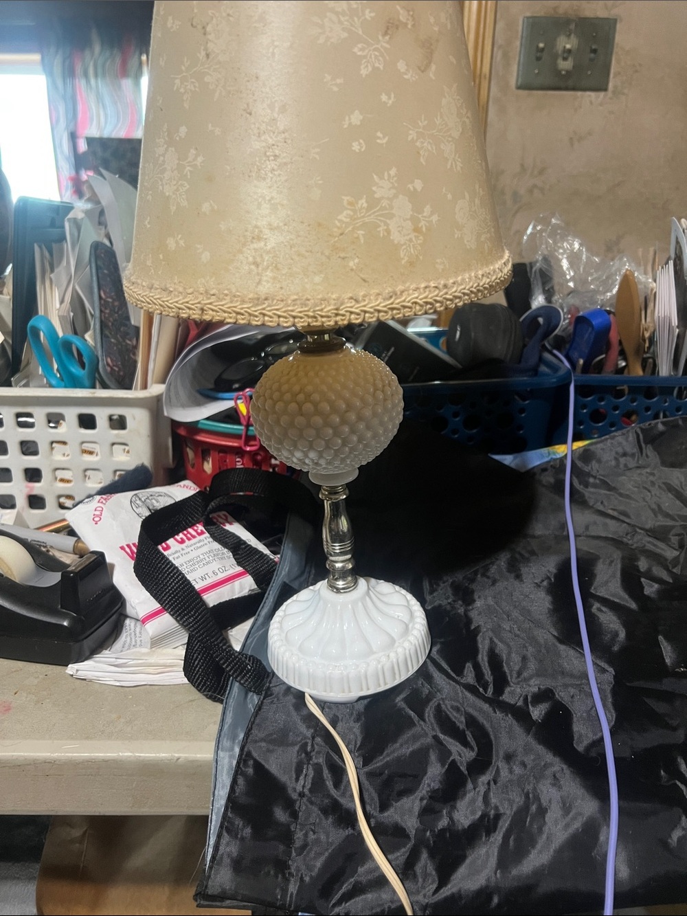 Vintage White Hobnail Milk Glass Table Lamp with Beige Shade